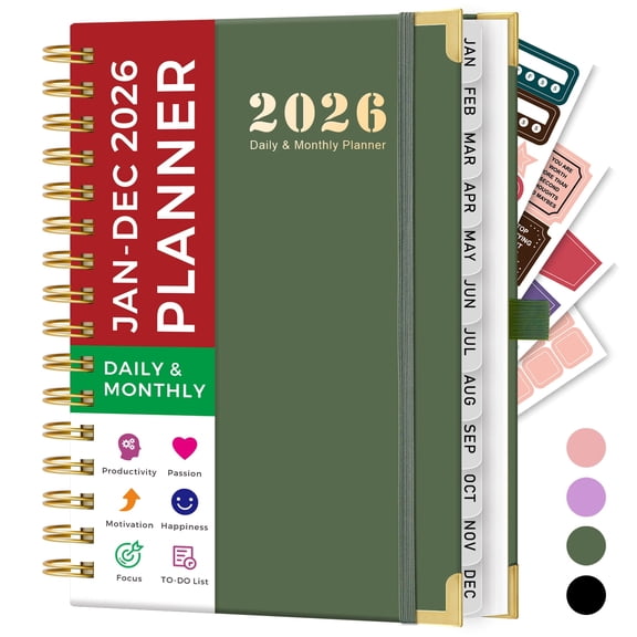 NIRMIRO 2026 Daily & Monthly Planner - Hardcover Spiral Calendar Book with Ruler, January to December 2026, Includes 12 Tabs, 4 Stickers & Inner Pocket, 8.4"x5.7" Planner for Time Management