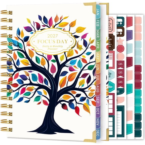 NIRMIRO 2027 Daily & Monthly Planner, Jan. 2027 - Dec.2027 Hardcover Spiral Bound Calendar Planner with Ruler, 4 Planning Stickers, 6.5" X8.4", Appointment Book for Organizing