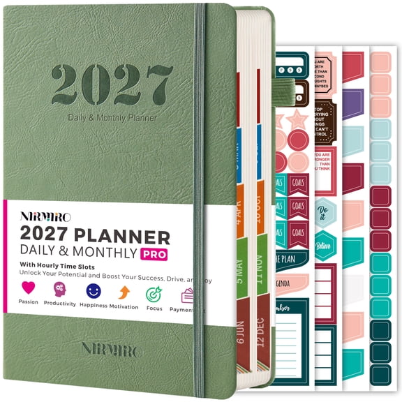 NIRMIRO 2027 Daily Monthly Planner, A5 5.7"x8.4" Hardcover, Hourly Schedule, 12 Tabs, Pen Loop, Pocket, Stickers & 100GSM Paper for Goals, Work, School or Home