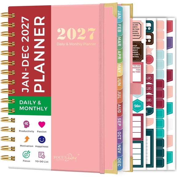 NIRMIRO 2027 Daily & Monthly Planner, Jan 2027 – Dec 2027 Spiral Appointment Book with Hourly Schedule, Ruler, 12 Monthly Tabs, 4 Stickers, 6.5"x8.4", for School & Office