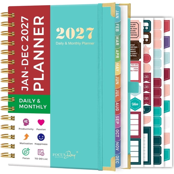NIRMIRO 2027 Daily & Monthly Planner, Jan 2027 – Dec 2027 Spiral Appointment Book with Hourly Schedule, Ruler, 12 Monthly Tabs, 4 Stickers, 6.5"x8.4", for School & Office