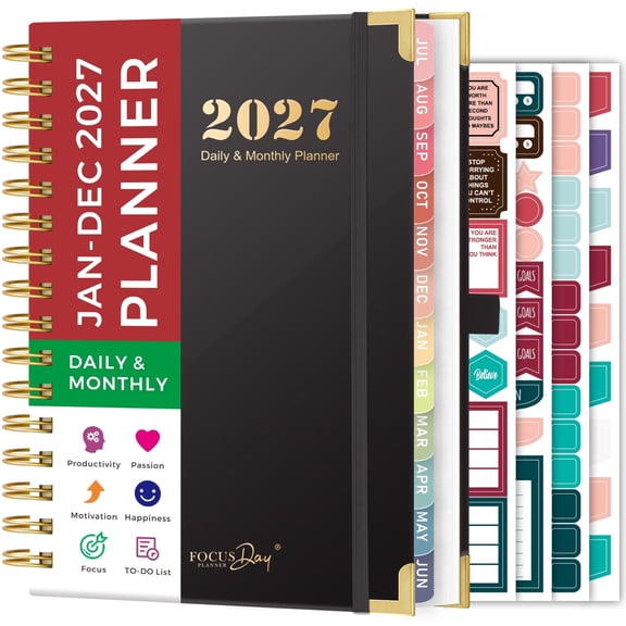 NIRMIRO 2027 Daily & Monthly Planner, Jan 2027 – Dec 2027 Spiral Appointment Book with Hourly Schedule, Ruler, 12 Monthly Tabs, 4 Stickers, 6.5"x8.4", for School & Office