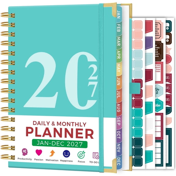 NIRMIRO 2027 Daily & Monthly Planner, Jan-Dec 2027 Calendar Book, Spiral Hardcover Planner with Ruler, 12 Tabs, Hourly Schedule, 6.5"x8.4" for Organizing & Goal Setting