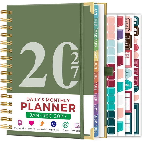NIRMIRO 2027 Daily & Monthly Planner, Jan-Dec 2027 Calendar Book, Spiral Hardcover Planner with Ruler, 12 Tabs, Hourly Schedule, 6.5"x8.4" for Organizing & Goal Setting
