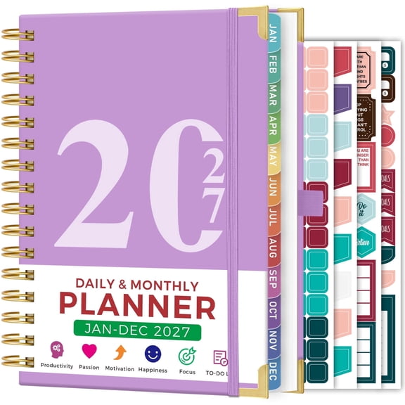 NIRMIRO 2027 Daily & Monthly Planner, Jan-Dec 2027 Calendar Book, Spiral Hardcover Planner with Ruler, 12 Tabs, Hourly Schedule, 6.5"x8.4" for Organizing & Goal Setting