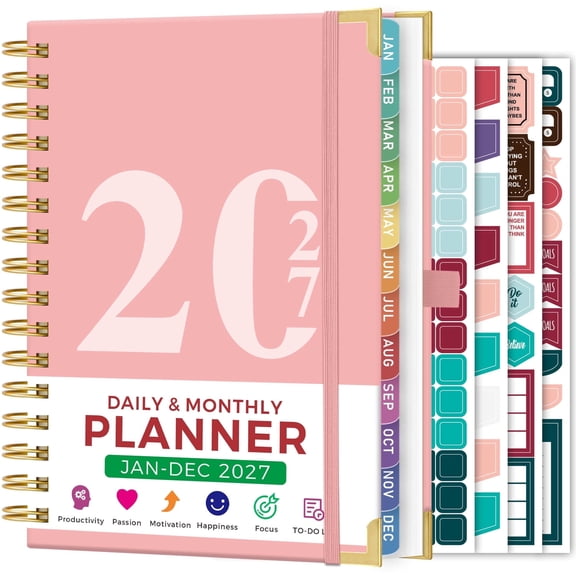 NIRMIRO 2027 Daily & Monthly Planner, Jan-Dec 2027 Calendar Book, Spiral Hardcover Planner with Ruler, 12 Tabs, Hourly Schedule, 6.5"x8.4" for Organizing & Goal Setting
