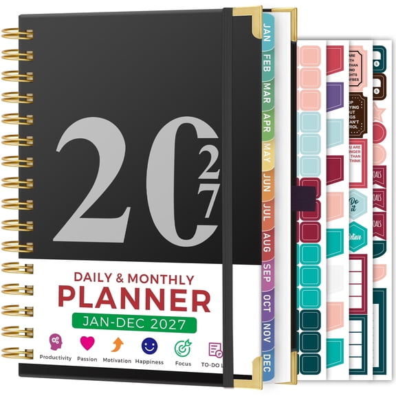 NIRMIRO 2027 Daily & Monthly Planner, Jan-Dec 2027 Calendar Book, Spiral Hardcover Planner with Ruler, 12 Tabs, Hourly Schedule, 6.5"x8.4" for Organizing & Goal Setting