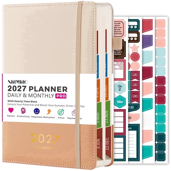 NIRMIRO 2027 Daily & Monthly Planner, Jan 2027 – Dec 2027, A5 Hardcover Leather Calendar Book with Hourly Schedule, 12 Tabs, 4 Stickers & Storage Pocket, for Work, Home & School, 5.7"x8.4"