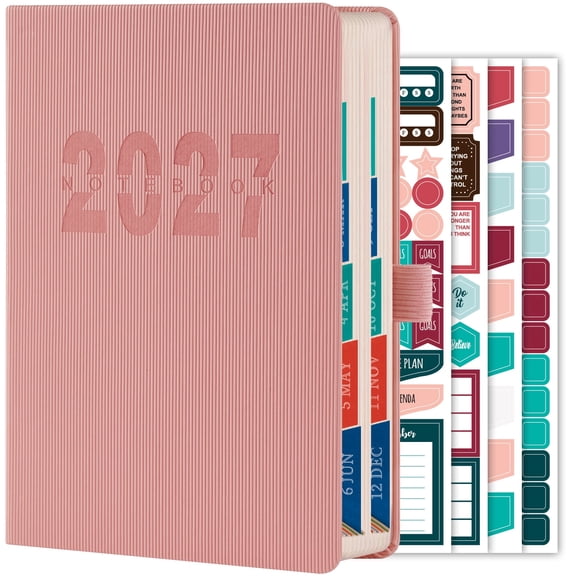FOCUS DAY 2027 Daily & Monthly Planner, Jan-Dec 2027, A5 PU Leather with 12 Colorful Tabs, 4 Stickers & Inner Pocket, 5.7"x8.4" Agenda Book for School, Office, Home, Christmas Gift