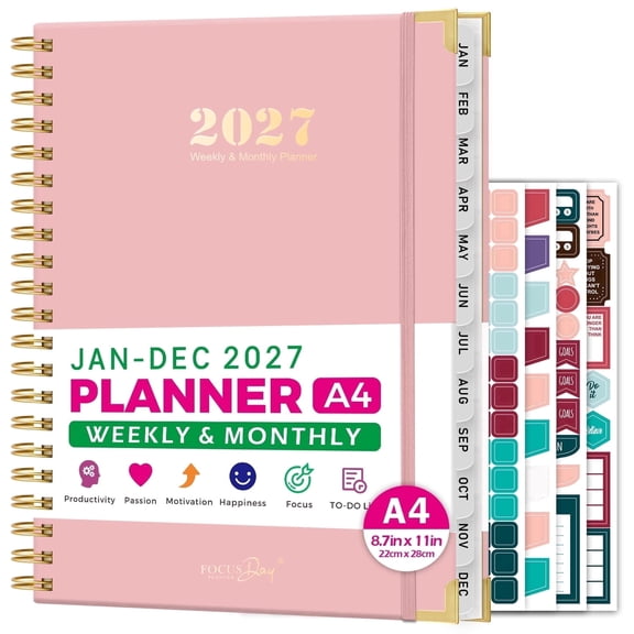 FOCUS DAY 2027 Hardcover Large Weekly & Monthly Planner, Jan 2027 – Dec 2027, 8.5"x11" Calendar Book with 12 Tabs, Inner Pocket, 4 Stickers & 100GSM Paper for Office, Home & School