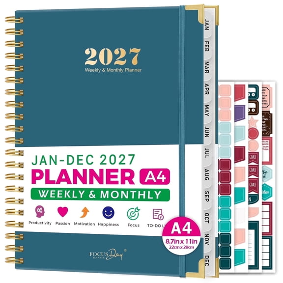 FOCUS DAY 2027 Hardcover Large Weekly & Monthly Planner, Jan 2027 – Dec 2027, 8.5"x11" Calendar Book with 12 Tabs, Inner Pocket, 4 Stickers & 100GSM Paper for Office, Home & School