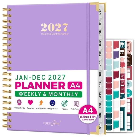 FOCUS DAY 2027 Hardcover Large Weekly & Monthly Planner, Jan 2027 – Dec 2027, 8.5"x11" Calendar Book with 12 Tabs, Inner Pocket, 4 Stickers & 100GSM Paper for Office, Home & School