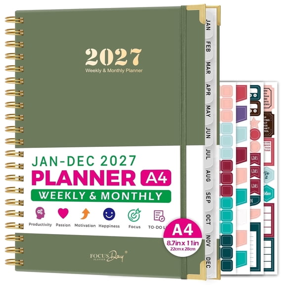 FOCUS DAY 2027 Hardcover Large Weekly & Monthly Planner, Jan 2027 – Dec 2027, 8.5"x11" Calendar Book with 12 Tabs, Inner Pocket, 4 Stickers & 100GSM Paper for Office, Home & School