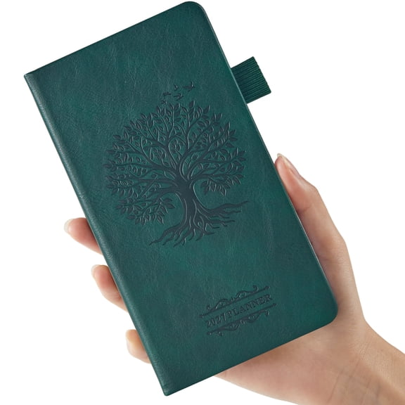 NIRMIRO 2027 Pocket Planner, A6 Hardcover Leather with Tree Design, Weekly & Monthly, 3.8"x7", Pen Holder, Ribbon Bookmarks & Inner Pocket for Purse Organizing