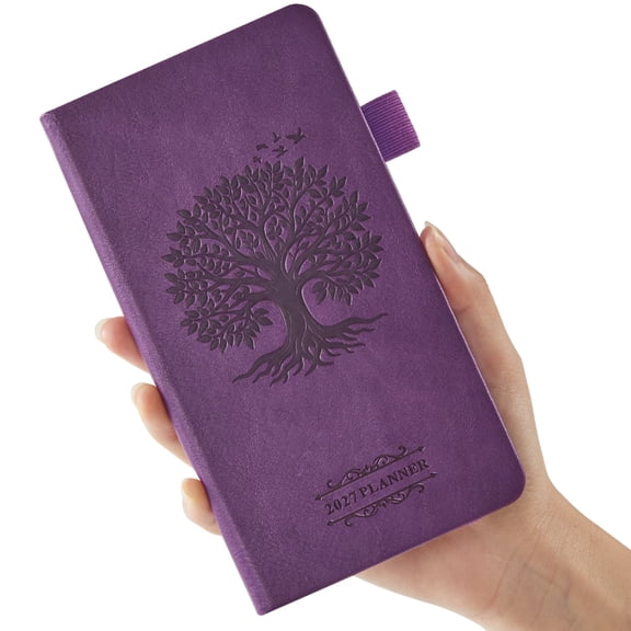 NIRMIRO 2027 Pocket Planner, A6 Hardcover Leather with Tree Design, Weekly & Monthly, 3.8"x7", Pen Holder, Ribbon Bookmarks & Inner Pocket for Purse Organizing