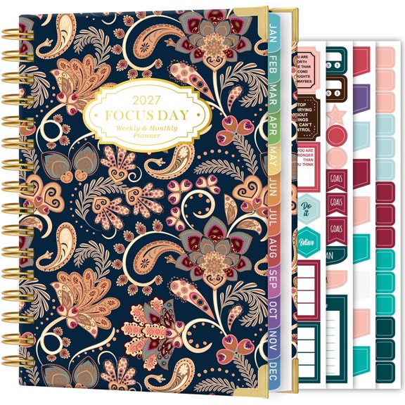 NIRMIRO 2027 Weekly & Monthly Planner, Jan 2027 - Dec 2027, Hardcover Spiral Calendar Book with Ruler, Monthly Tabs, 4 Stickers & Inner Pocket, for Time Management & Organization, 6.5"x8.4"