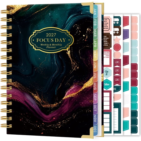 FOCUS DAY 2027 Weekly & Monthly Planner, Jan 2027 - Dec 2027, Spiral Bound Calendar Planner with Ruler, 12 Tabs & 4 Stickers, 6.5"x8.4" Agenda Book for Office, Home & School