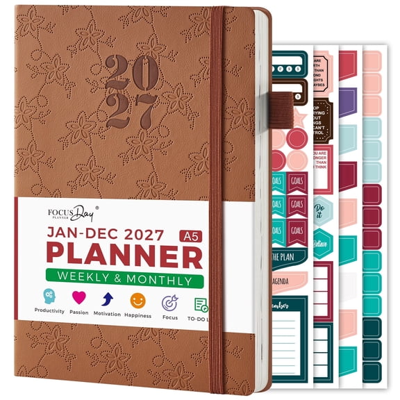 NIRMIRO 2027 Weekly & Monthly Planner, Jan 2027 – Dec 2027, Embossed Soft Cover Calendar Book with 12 Tabs, 4 Stickers & Inner Pocket, for Goal Traking, 5.7"x8.3"