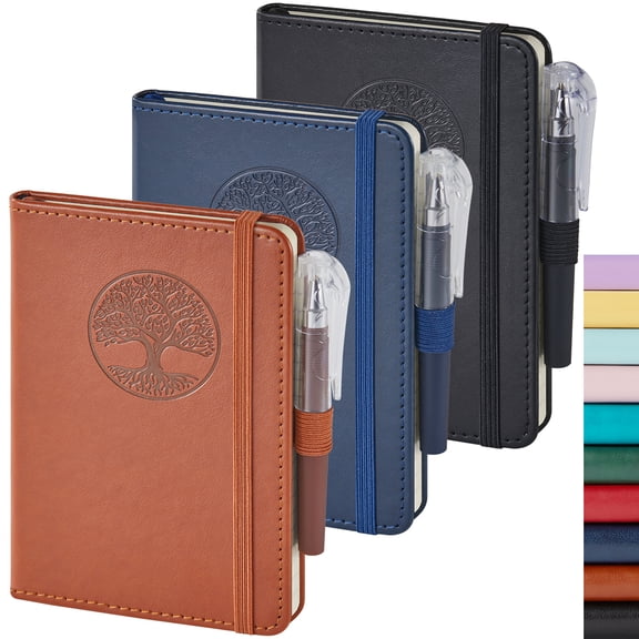 NIRMIRO 3-Pack A6 Pocket Notebook Set with Pen, 3.7"x5.7" Small Lined Journals, 408 Total Pages 100GSM Paper, Tree Embossed Cover for Travel, Notes & Office Supplies
