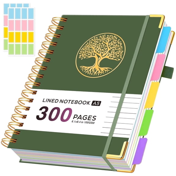 Nirmiro 5 Subject Notebook College Ruled, 300 Pages A5 Hardcover Spiral Notebook with Removable Dividers Tabs, 100GSM Thick Paper, Inner Pocket, 6.1"*8.4", Aesthetic Journal for Note Taking