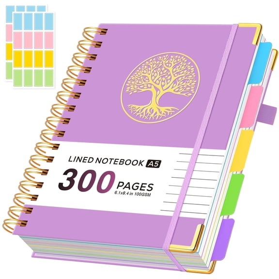 NIRMIRO 5 Subject Notebook College Ruled, 300 Pages A5 Hardcover Spiral Notebook with Removable Dividers Tabs, 100GSM Thick Paper, Inner Pocket, 6.1" * 8.4", Aesthetic Journal for Note Taking