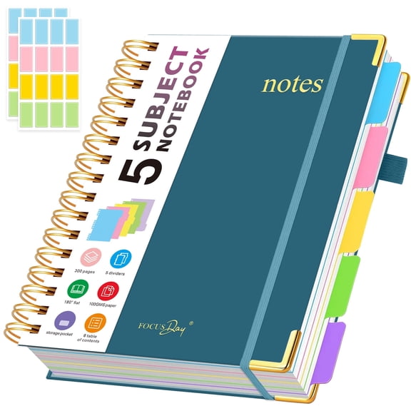 NIRMIRO 5 Subject Notebook College Ruled, A5 Hardcover Notebook with Removable Dividers Tabs, 300 Pages 100GSM Thick Paper, Inner Pocket, Spiral Journal Notebook for Women/Men Writing, 6.1" X 8.4"