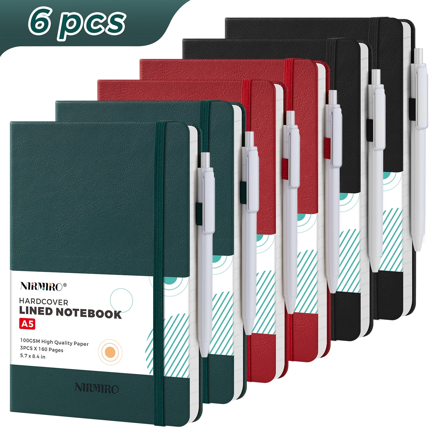 NIRMIRO 6-Pack A5 Hardcover Journal Notebooks, College Ruled with Pen, 5.7"x8.4" Faux Leather Cover, Inner Pocket & Elastic Closure, 100GSM Thick No-Bleed Paper, Multi-Color Set for Work, School