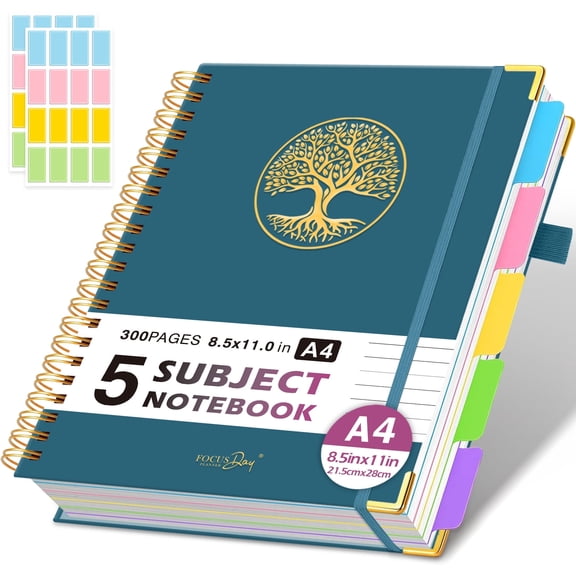 NIRMIRO A4 5-Subject Spiral Notebook, 8.5"x11", College Ruled with Removable Tabs, 300 Pages 100GSM Thick Paper & Inner Pocket for Writing
