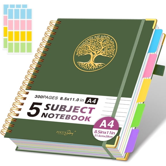 NIRMIRO A4 5-Subject Spiral Notebook, 8.5"x11", College Ruled with Removable Tabs, 300 Pages 100GSM Thick Paper & Inner Pocket for Writing