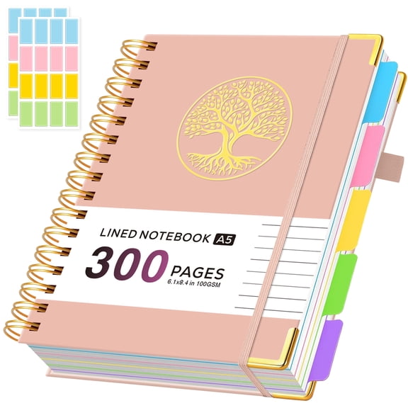 NIRMIRO A5 Hardcover 5-Subject Spiral Notebook, 6.1"x8.4" College Ruled with Removable Dividers, 300 Pages 100GSM Thick Paper & Inner Pocket for Work Note Taking