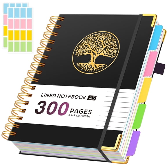 NIRMIRO A5 Hardcover 5-Subject Spiral Notebook, 6.1"x8.4" College Ruled with Removable Dividers, 300 Pages 100GSM Thick Paper & Inner Pocket for Work Note Taking