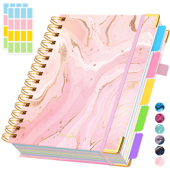 NIRMIRO A5 Spiral Journal Notebook, 5 Subject Hardcover Lined Notebook with Removable Divider Tabs, 300 Pages 100GSM Thick No Bleed Paper, Inner Pocket & 2 Stickers, 6.1" x 8.4" Portable Writing Note