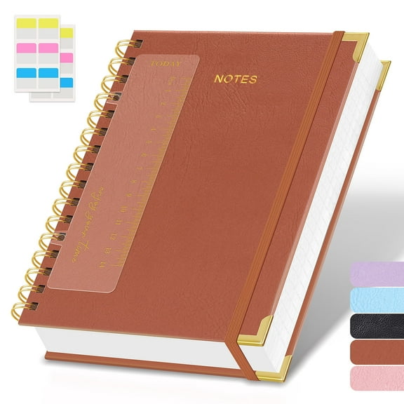 NIRMIRO A5 Spiral Notebook, Leather Cover Lined Journal with Built-in Ruler, 5.7"x8.4" 100GSM Thick Paper & Inner Pocket for Note Taking, Office
