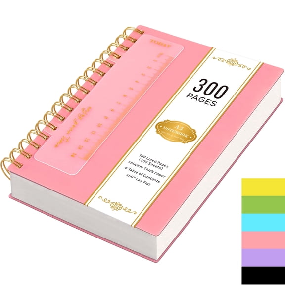 NIRMIRO A5 Spiral Notebook for Writing, 5.7”x8.4” Waterproof PVC Cover Notepad with Bookmark Ruler, 300 Pages of 100gsm No-Bleed College Ruled Paper for Office, Work & Note-Taking