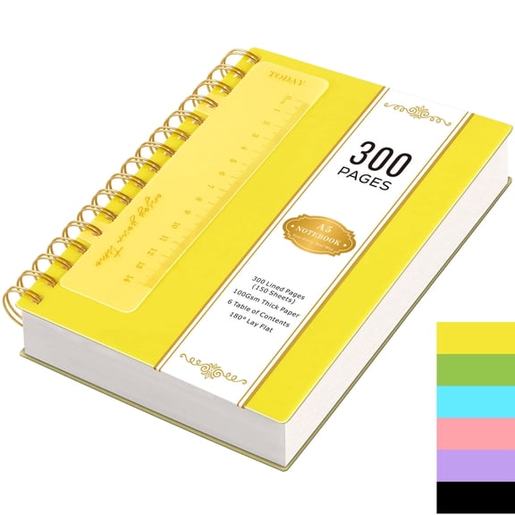 NIRMIRO A5 Spiral Notebook for Writing, 5.7”x8.4” Waterproof PVC Cover Notepad with Bookmark Ruler, 300 Pages of 100gsm No-Bleed College Ruled Paper for Office, Work & Note-Taking