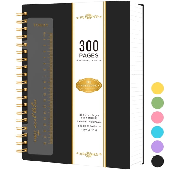 NIRMIRO B5 Spiral Notebook, 7.5"x10" College Ruled Journal with Ruler & Waterproof PVC Cover, 300 Pages 100GSM Thick Paper for Writing, School, Office & Note Taking