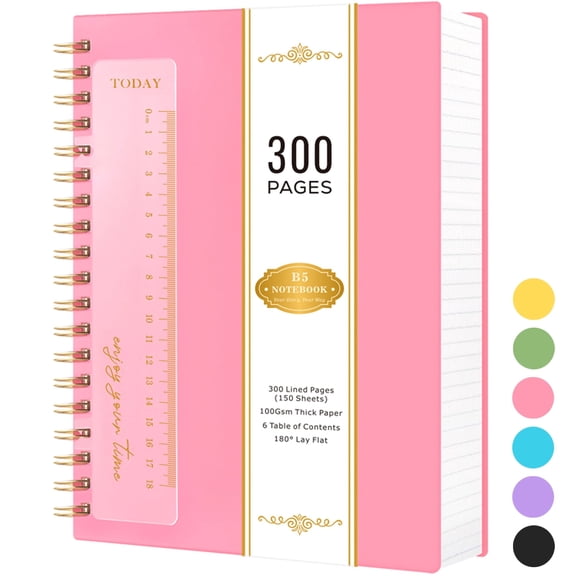 NIRMIRO B5 Spiral Notebook, 7.5"x10" College Ruled Journal with Ruler & Waterproof PVC Cover, 300 Pages 100GSM Thick Paper for Writing, School, Office & Note Taking