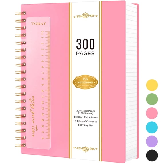 NIRMIRO B5 Spiral Notebook, 7.5"x10" College Ruled Journal with Ruler & Waterproof PVC Cover, 300 Pages 100GSM Thick Paper for Writing, School, Office & Note Taking