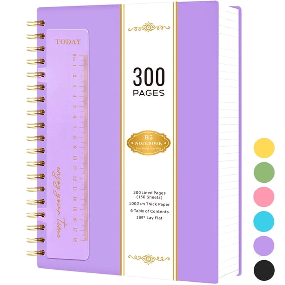 NIRMIRO B5 Spiral Notebook, 7.5"x10" College Ruled Journal with Ruler & Waterproof PVC Cover, 300 Pages 100GSM Thick Paper for Writing, School, Office & Note Taking