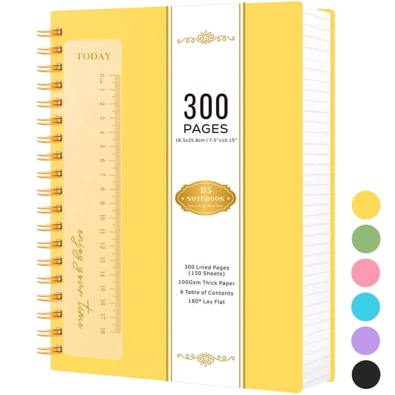 NIRMIRO B5 Spiral Notebook, 7.5"x10" College Ruled Journal with Ruler & Waterproof PVC Cover, 300 Pages 100GSM Thick Paper for Writing, School, Office & Note Taking