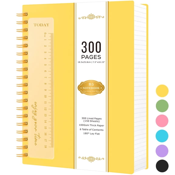 NIRMIRO B5 Spiral Notebook, 7.5"x10" College Ruled Journal with Ruler & Waterproof PVC Cover, 300 Pages 100GSM Thick Paper for Writing, School, Office & Note Taking
