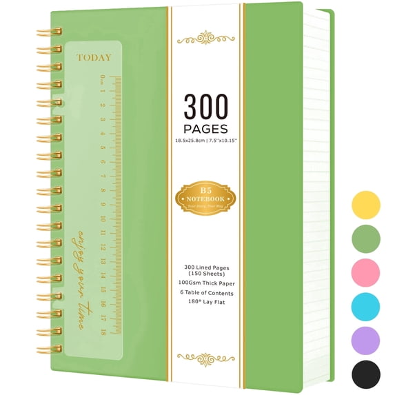 NIRMIRO B5 Spiral Notebook, 7.5"x10" College Ruled Journal with Ruler & Waterproof PVC Cover, 300 Pages 100GSM Thick Paper for Writing, School, Office & Note Taking