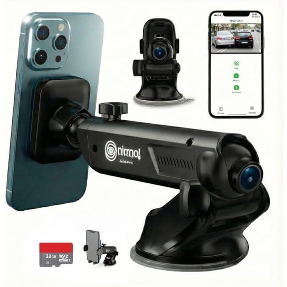 NIRRGO 2-in-1 Phone Holder Mount & Dash Cam | 1080p Loop Recording Camera | Accident Evidence & Navigation | Essential & Road Trips & Night Vision (32GB Card Included)