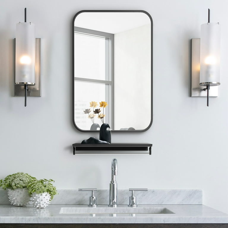 NISHCON 16x24 Bathroom Wall Mirror Rounded Corners Hanging Vanity Mirror  with Shelf Rack