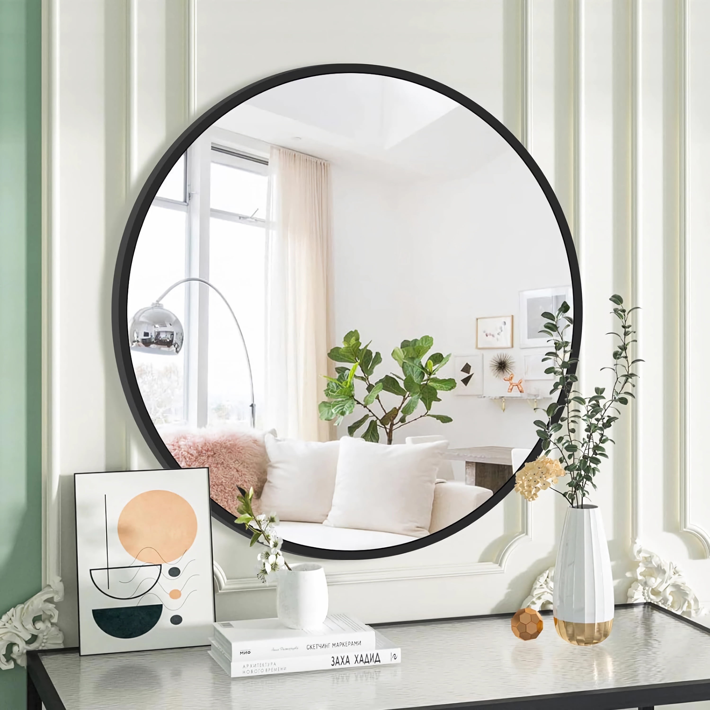 NISHCON 20 inch Round Wall Mirror Black Circle Mounted Mirror Modern ...