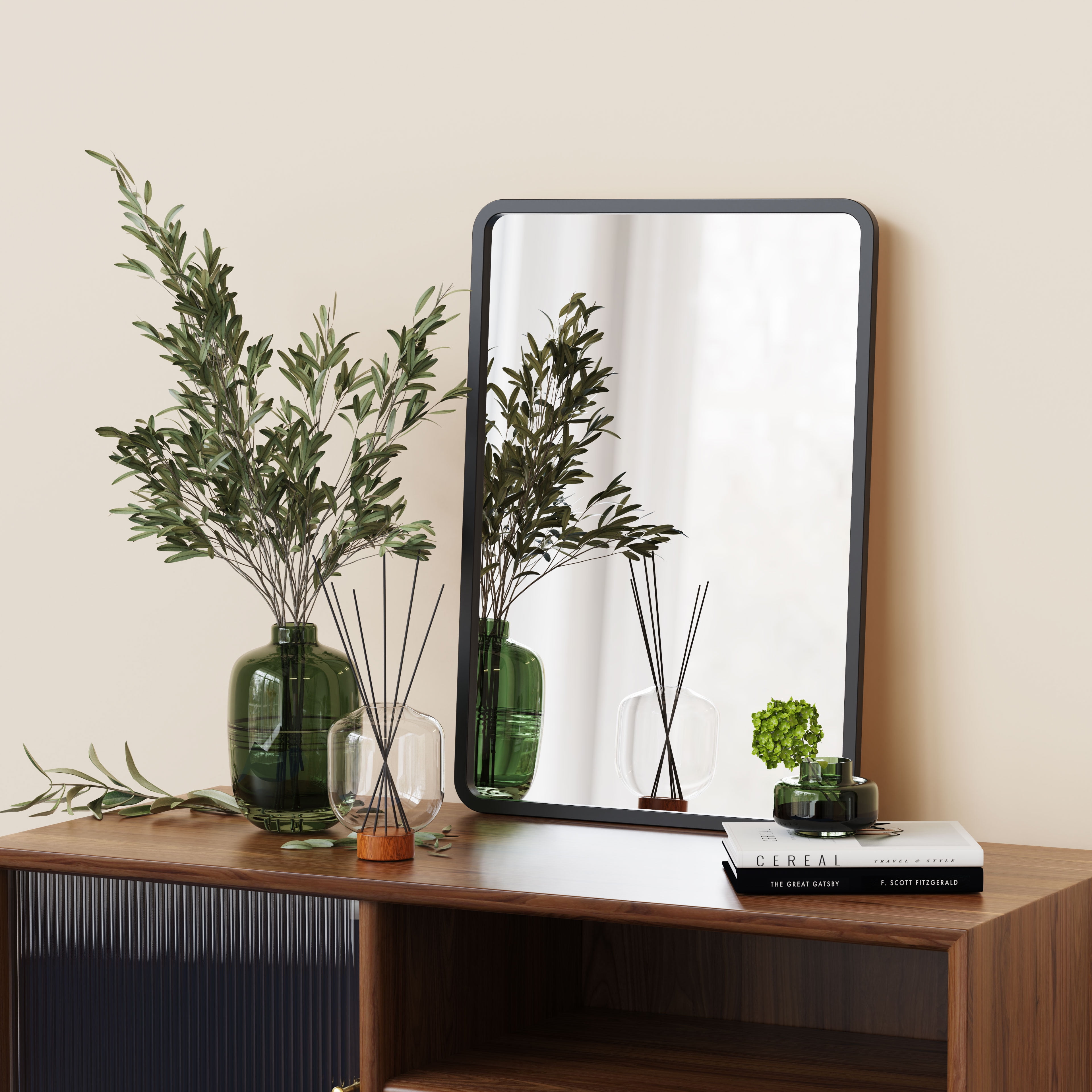 NISHCON Bathroom Mirror 16"x24" Wall Mirror Round Corner Hanging Vanity Mirror with Frame, Black