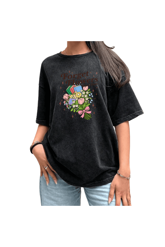 NISHE Women Book Over Blooms Floral Bouquet Vintage Washed Short Sleeve Crew Neck Tops