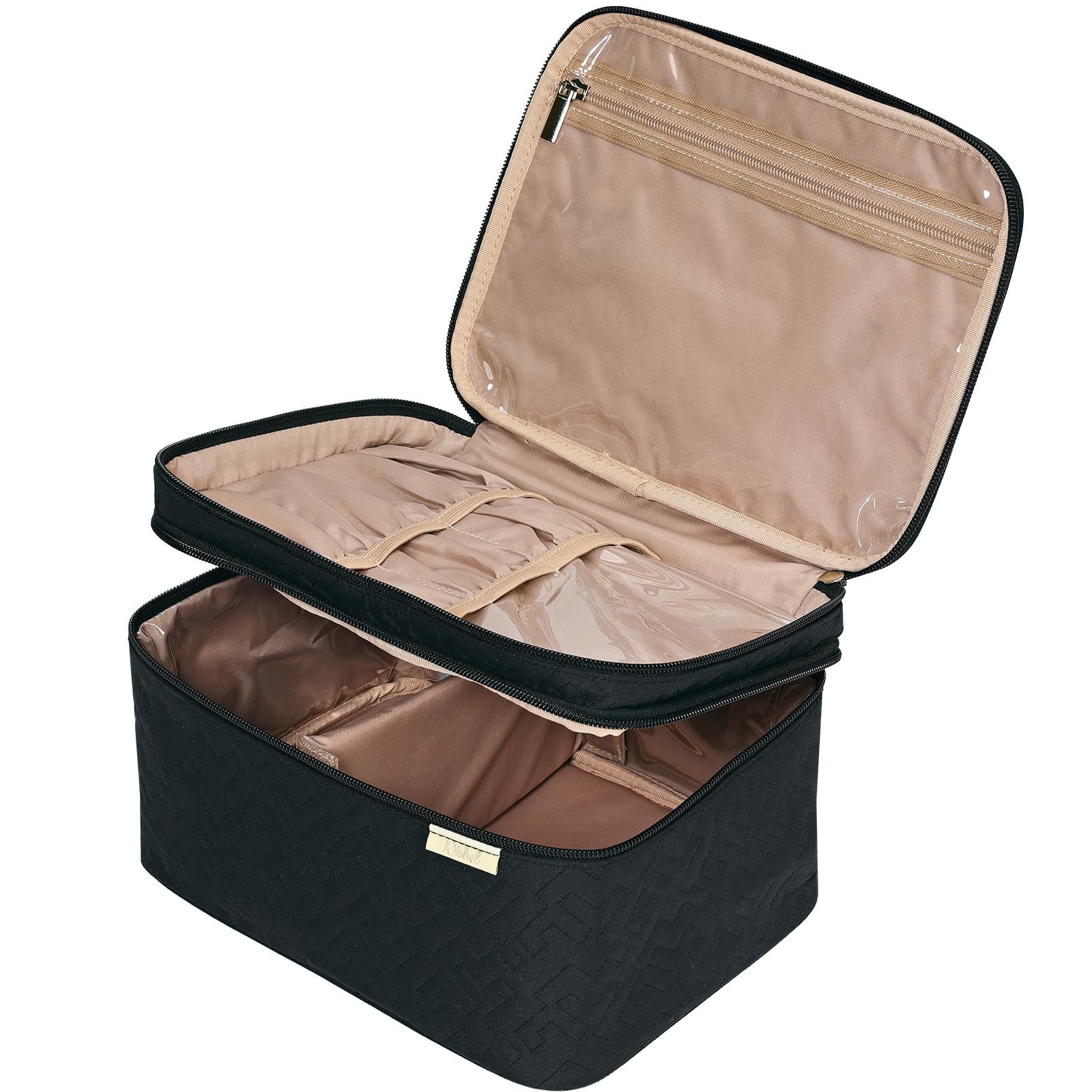 Large Black Double Layer Travel Makeup Bag with Beige Interior