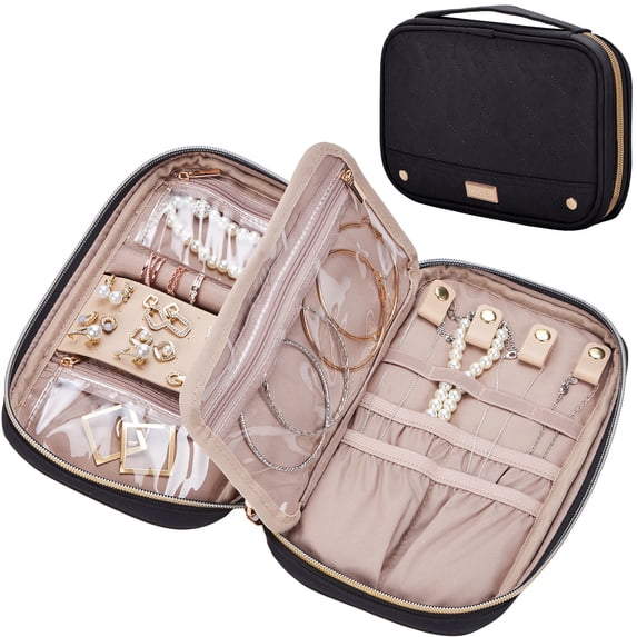 NISHEL Travel Jewelry Case, Holiday Organizer for Necklaces, Earrings, Rings, Bracelets, Watch, Black