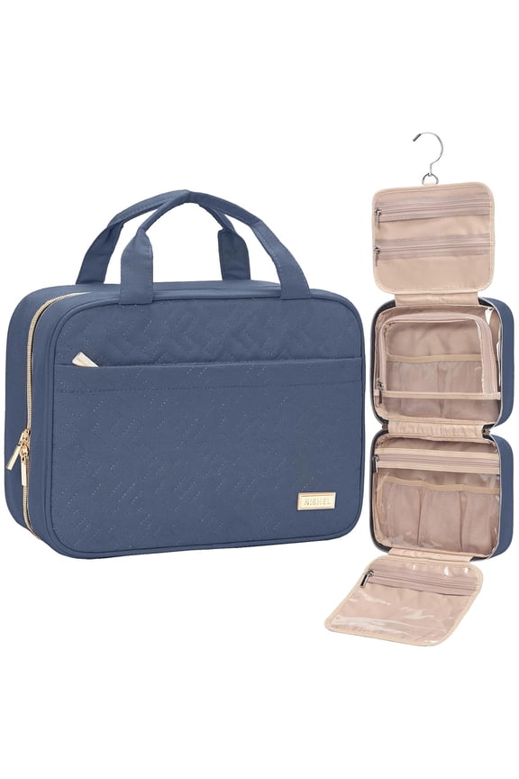 NISHEL Travel Toiletry Bag for women, Portable Hanging Organizer for Travel-Sized Shampoo, Conditioner, Brushes Set, Makeup Accessories, Medium Size, Aegean-Blue